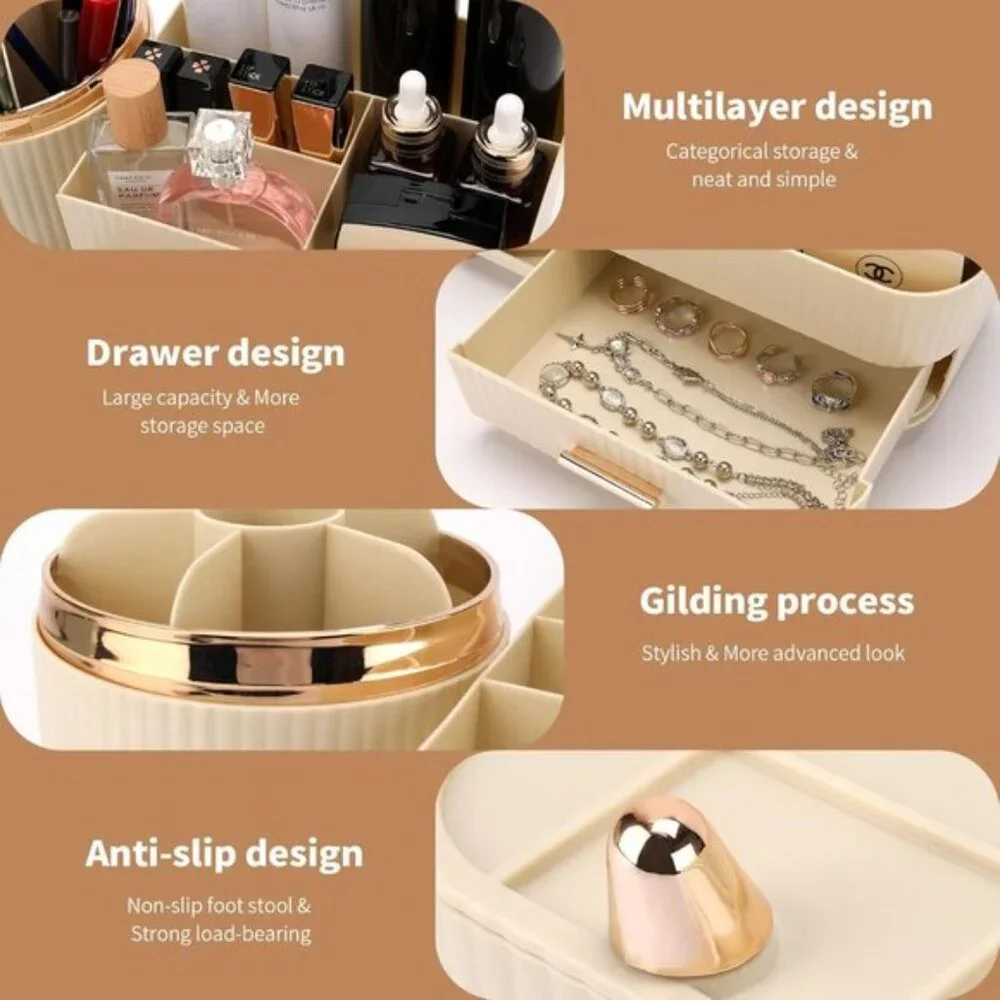 New 360° Rotating Makeup Organizer, Large Rice White Vanity Storage with Drawers